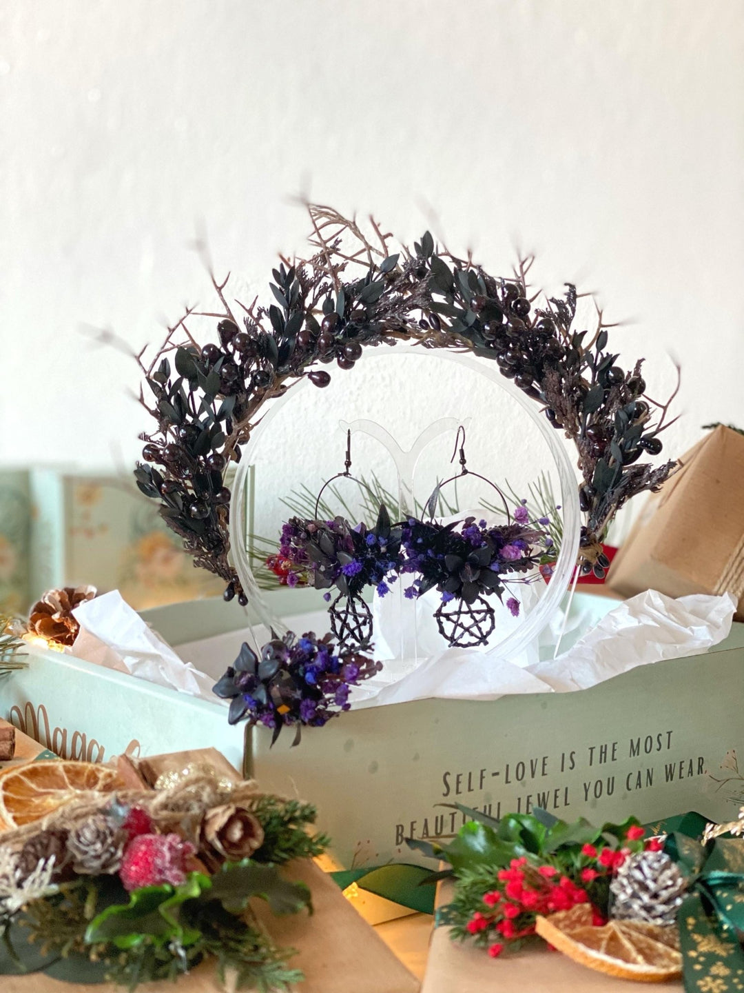 Handmade gift box "Forest witch" - gothic set of headpiece, circle earrings and ring – handmade floral hair accessory by magaela