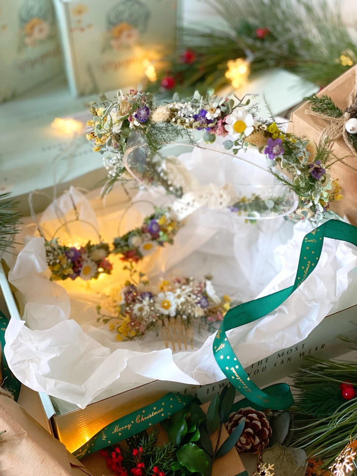 Handmade gift box "The first spring greeting" - wild flowers wreath, hair comb and earrings – handmade floral hair accessory by magaela