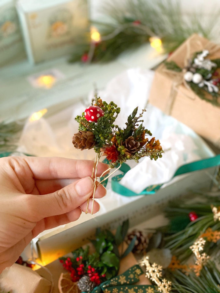 Handmade gift box "Magic forest" - mushrooms woodland wreath, hair pins and earrings – handmade floral hair accessory by magaela