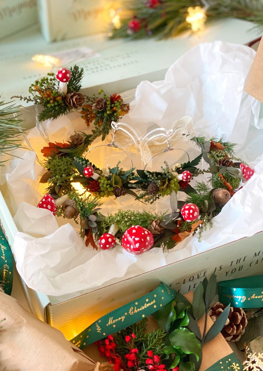 Handmade gift box "Magic forest" - mushrooms woodland wreath, hair pins and earrings – handmade floral hair accessory by magaela