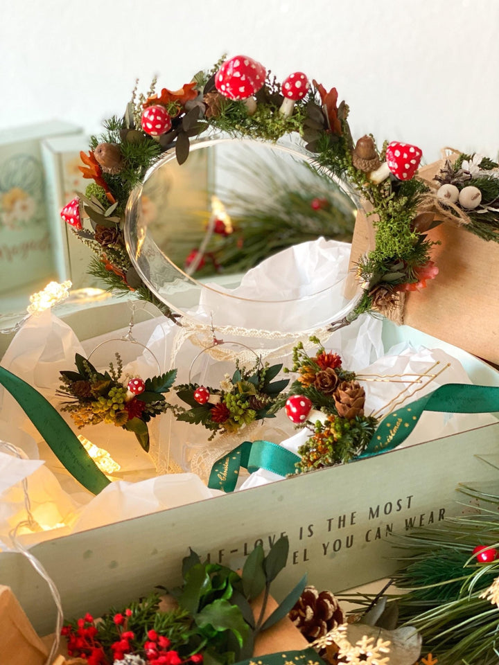 Handmade gift box "Magic forest" - mushrooms woodland wreath, hair pins and earrings – handmade floral hair accessory by magaela