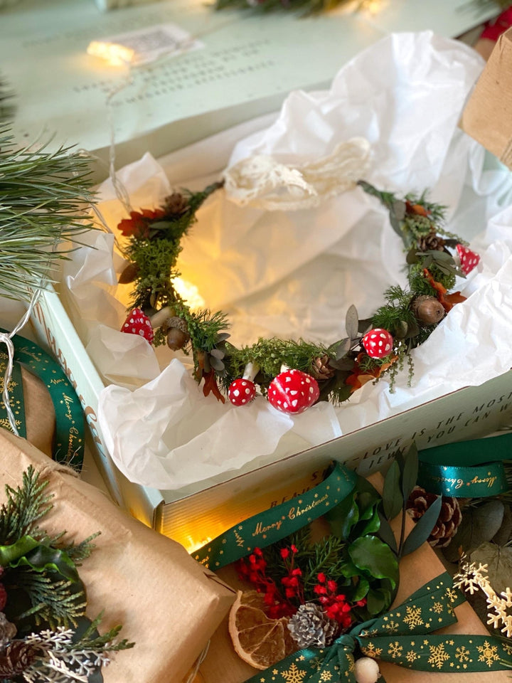 Handmade gift box "Magic forest" - mushrooms woodland wreath, hair pins and earrings – handmade floral hair accessory by magaela
