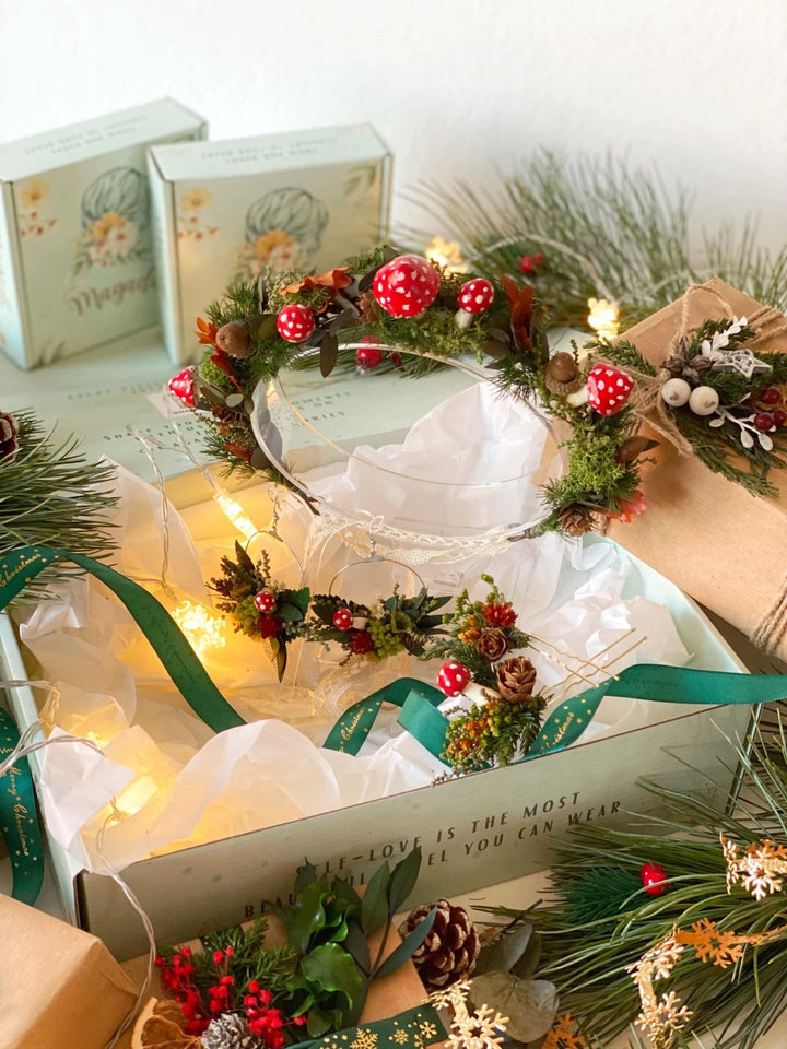 Handmade gift box "Magic forest" - mushrooms woodland wreath, hair pins and earrings – handmade floral hair accessory by magaela