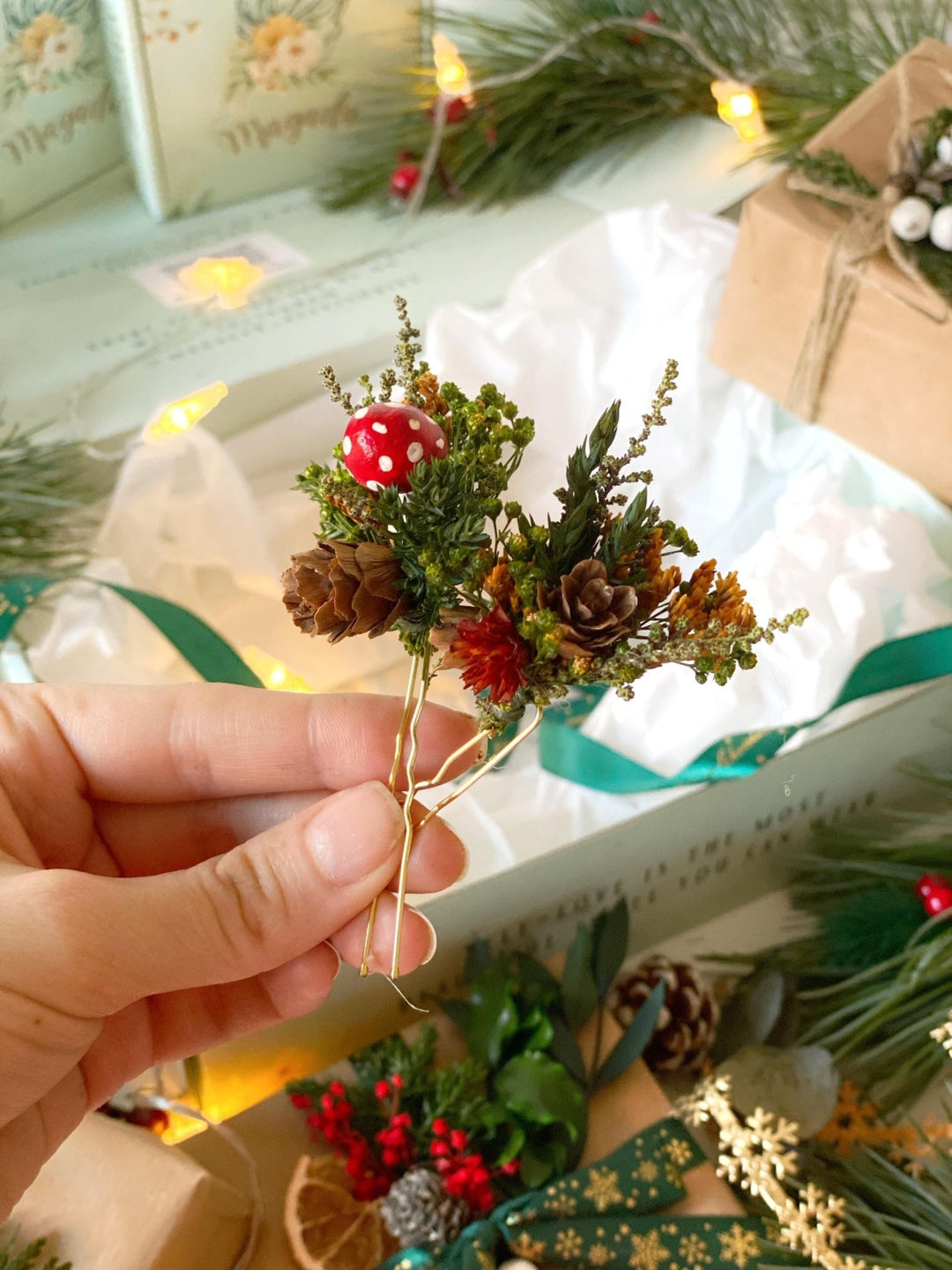 Handmade gift box "Magic forest" - mushrooms woodland wreath, hair pins and earrings – handmade floral hair accessory by magaela