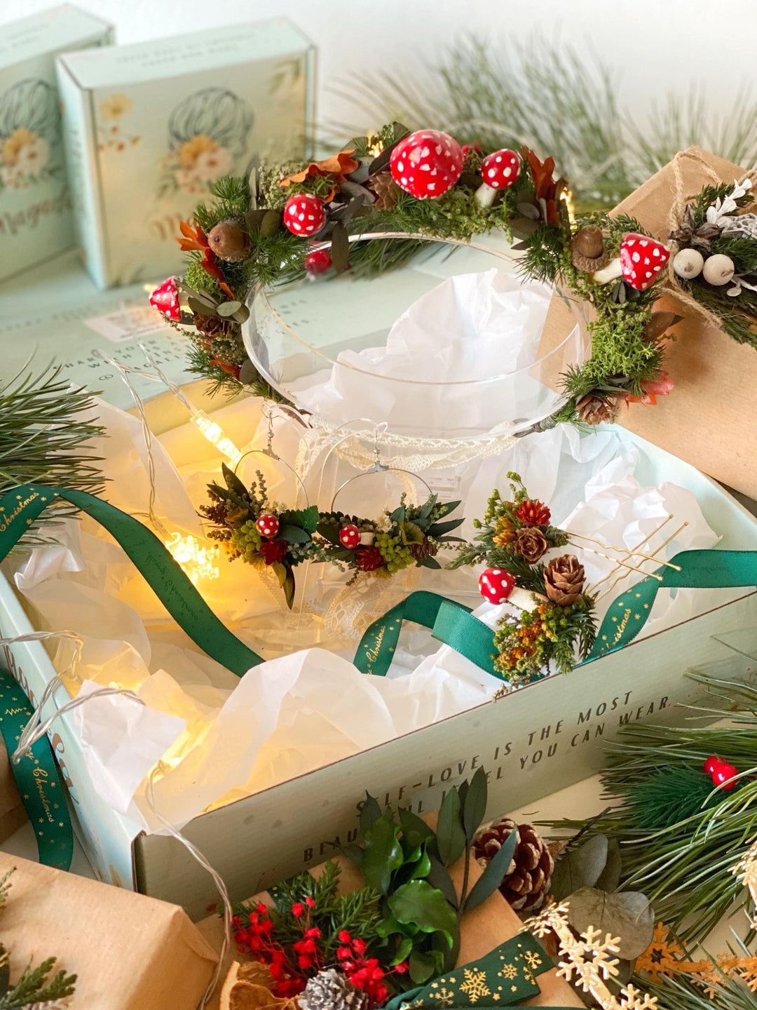 Handmade gift box "Magic forest" - mushrooms woodland wreath, hair pins and earrings – handmade floral hair accessory by magaela