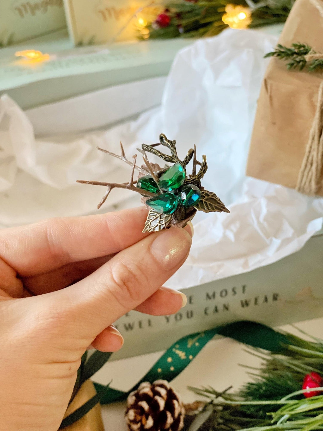 Handamde gift box "Elven secrets" - fairy tiara, rings and earrings – handmade floral hair accessory by magaela