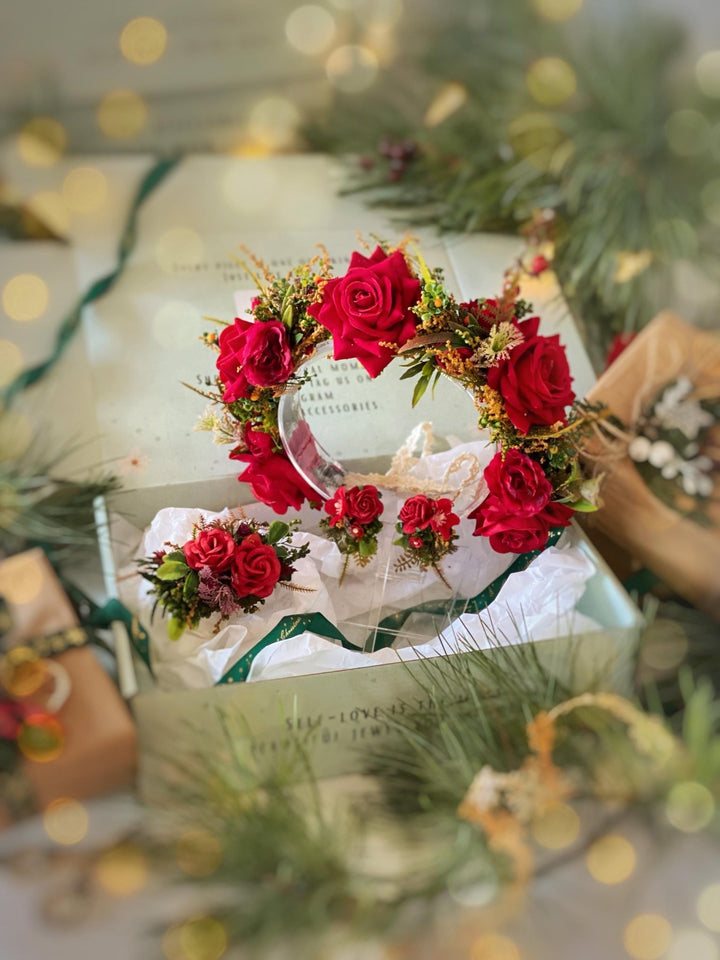 Red flower hair wreath, clip & earrings “A Legend of Passion” | Christmas gift for her | Winter wedding accessory – handmade floral hair accessory by magaela