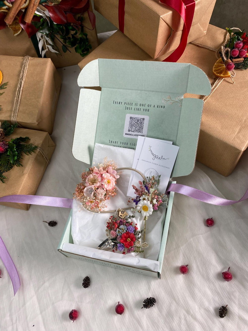 Handmade gift box "Little fairy" - accessories (not only) for kids - hair tie, clip and hairpin – handmade floral hair accessory by magaela