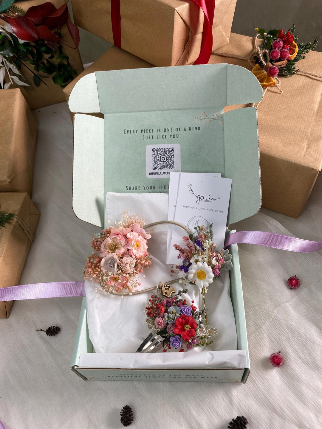 Handmade gift box "Little fairy" - accessories (not only) for kids - hair tie, clip and hairpin – handmade floral hair accessory by magaela