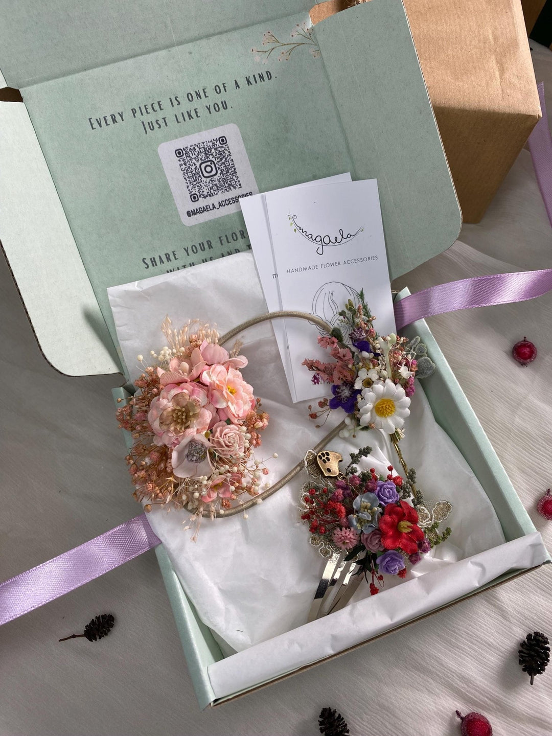 Handmade gift box "Little fairy" - accessories (not only) for kids - hair tie, clip and hairpin – handmade floral hair accessory by magaela