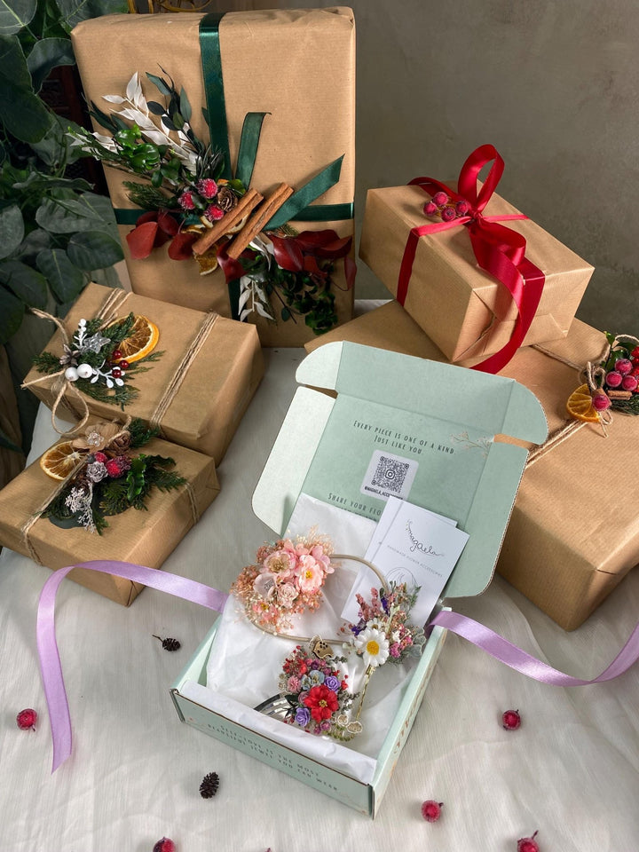 Handmade gift box "Little fairy" - accessories (not only) for kids - hair tie, clip and hairpin – handmade floral hair accessory by magaela