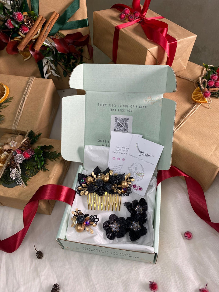Handmade gift box "A night with the taste of blackberries" - glamour black and gold hair comb, ring and shoes clips – handmade floral hair accessory by magaela