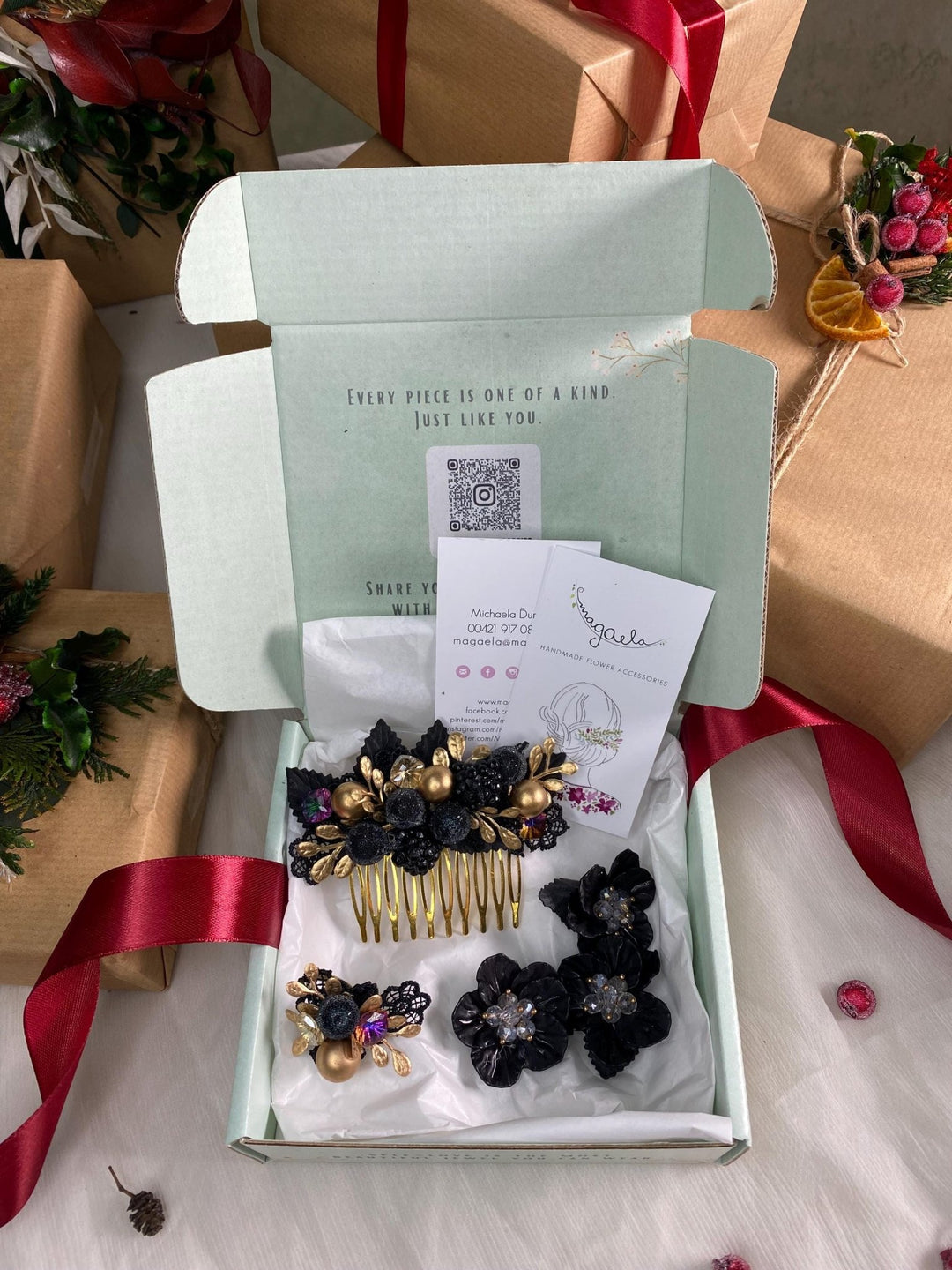 Handmade gift box "A night with the taste of blackberries" - glamour black and gold hair comb, ring and shoes clips – handmade floral hair accessory by magaela