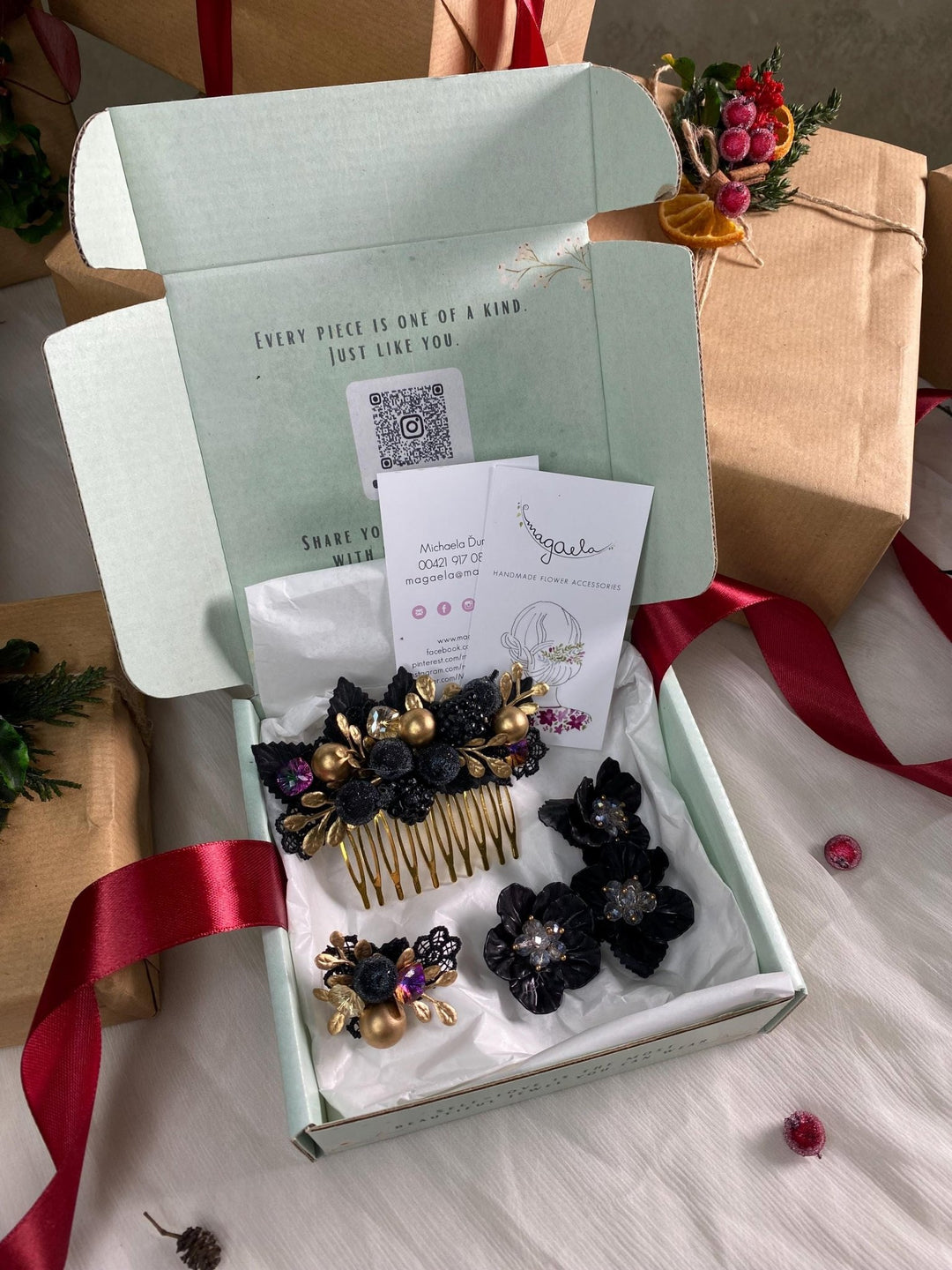 Handmade gift box "A night with the taste of blackberries" - glamour black and gold hair comb, ring and shoes clips – handmade floral hair accessory by magaela