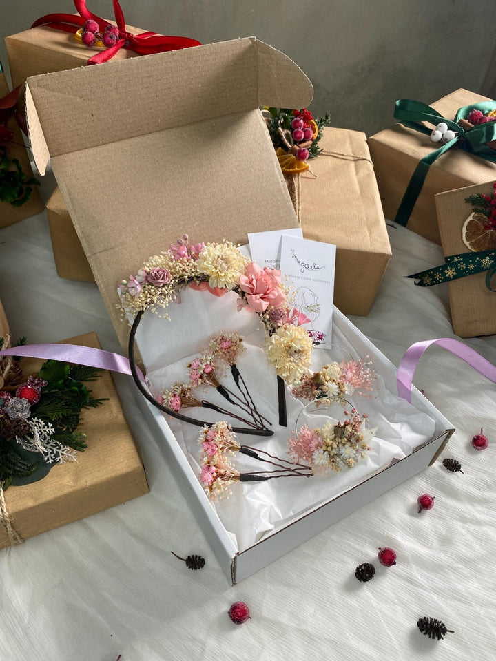 Handmade gift box "Sweet romance" - romantic blush and ivory headband, earrings and set of hairpins – handmade floral hair accessory by magaela