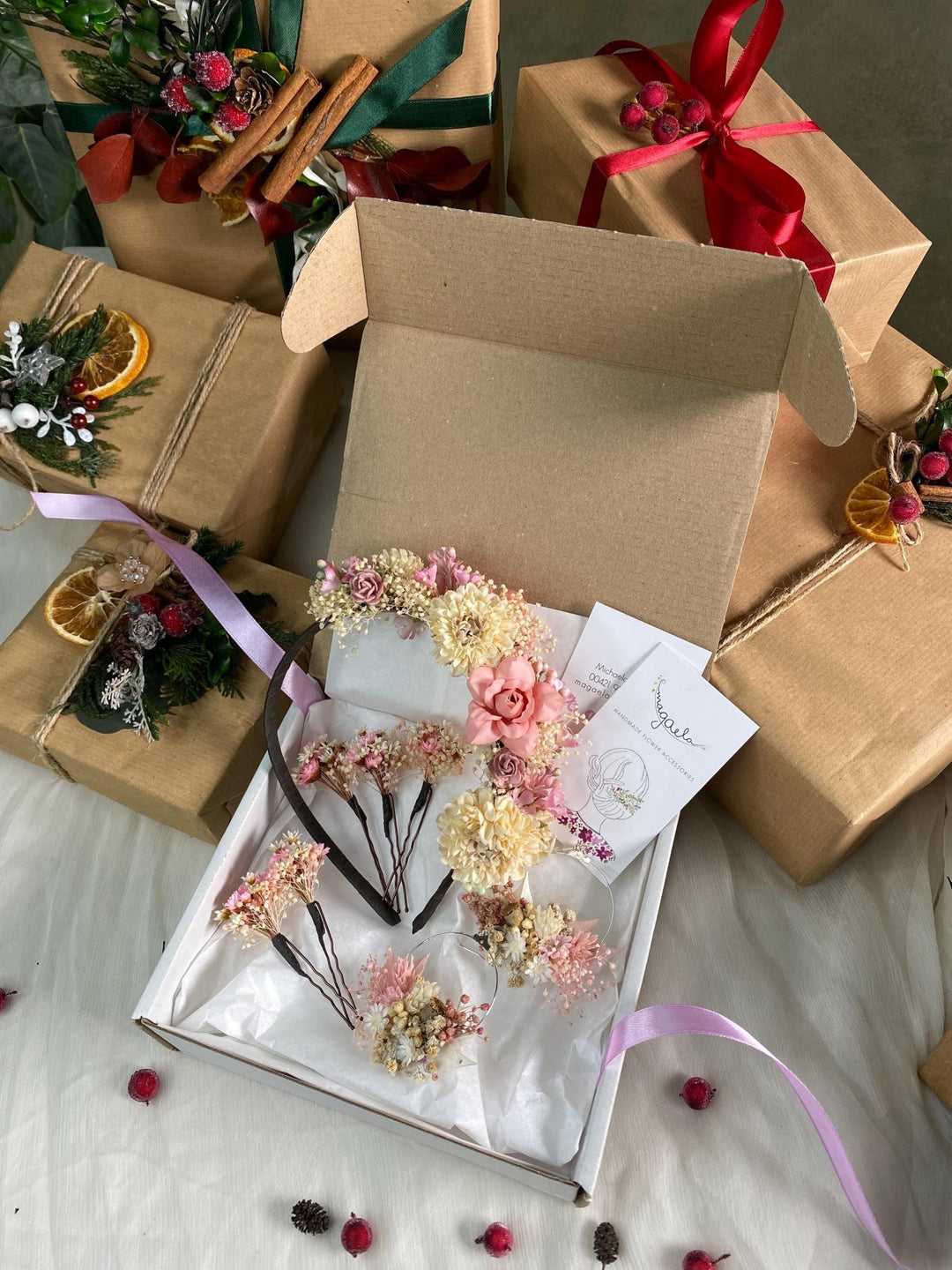 Handmade gift box "Sweet romance" - romantic blush and ivory headband, earrings and set of hairpins – handmade floral hair accessory by magaela