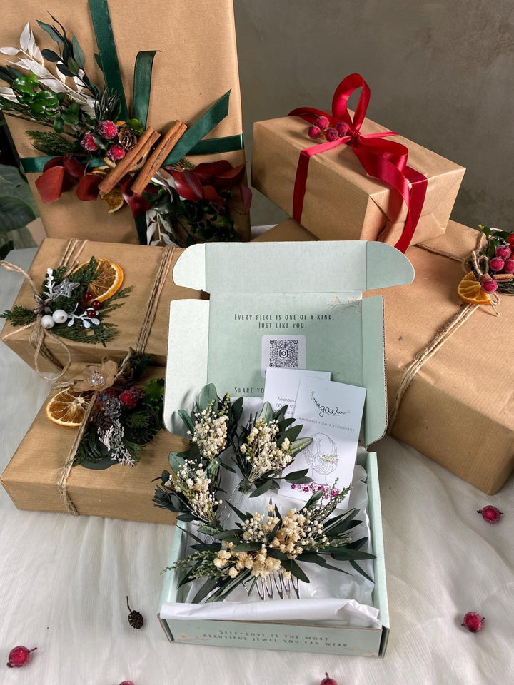 Handmade gift box "Breathe in the morning" - greenery hair comb and set of hairpins – handmade floral hair accessory by magaela