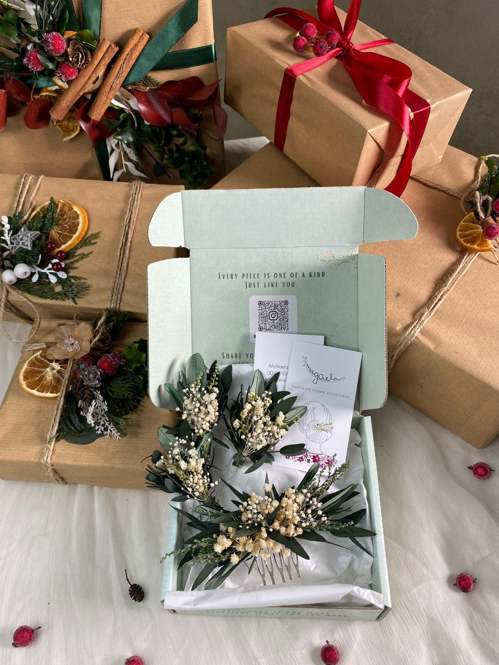 Handmade gift box "Breathe in the morning" - greenery hair comb and set of hairpins – handmade floral hair accessory by magaela