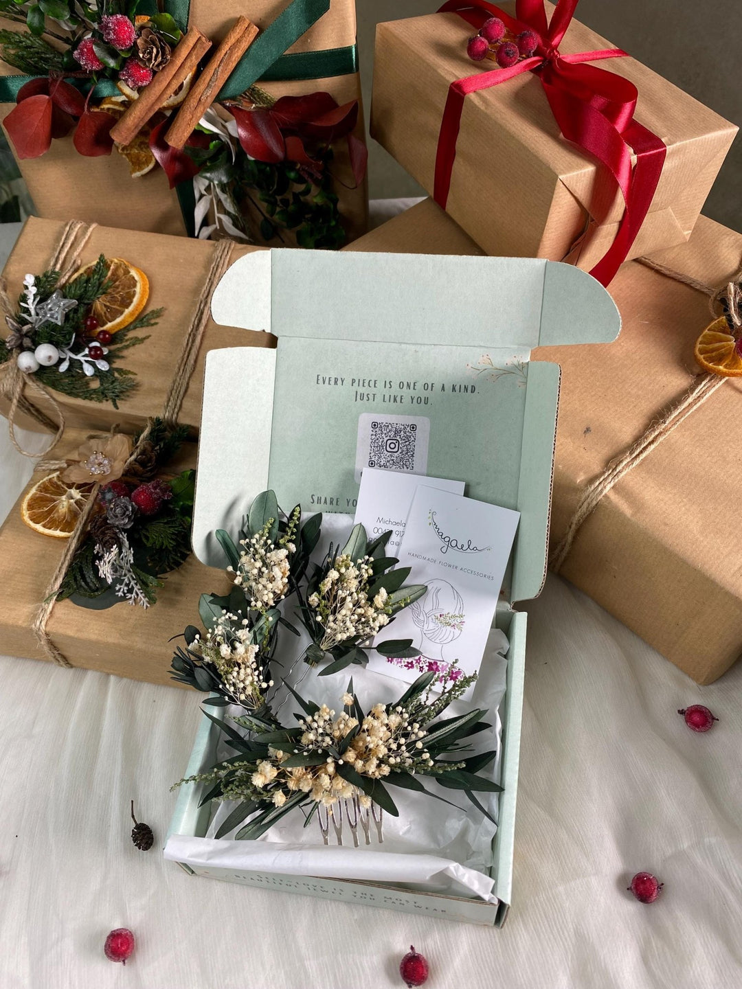 Handmade gift box "Breathe in the morning" - greenery hair comb and set of hairpins – handmade floral hair accessory by magaela