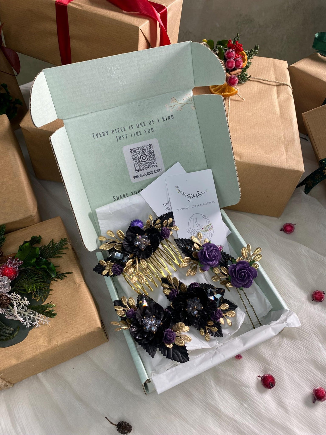 Handmade gift box "Taste of the night" - black and purple glamour hair comb, hairpins and shoes clips – handmade floral hair accessory by magaela