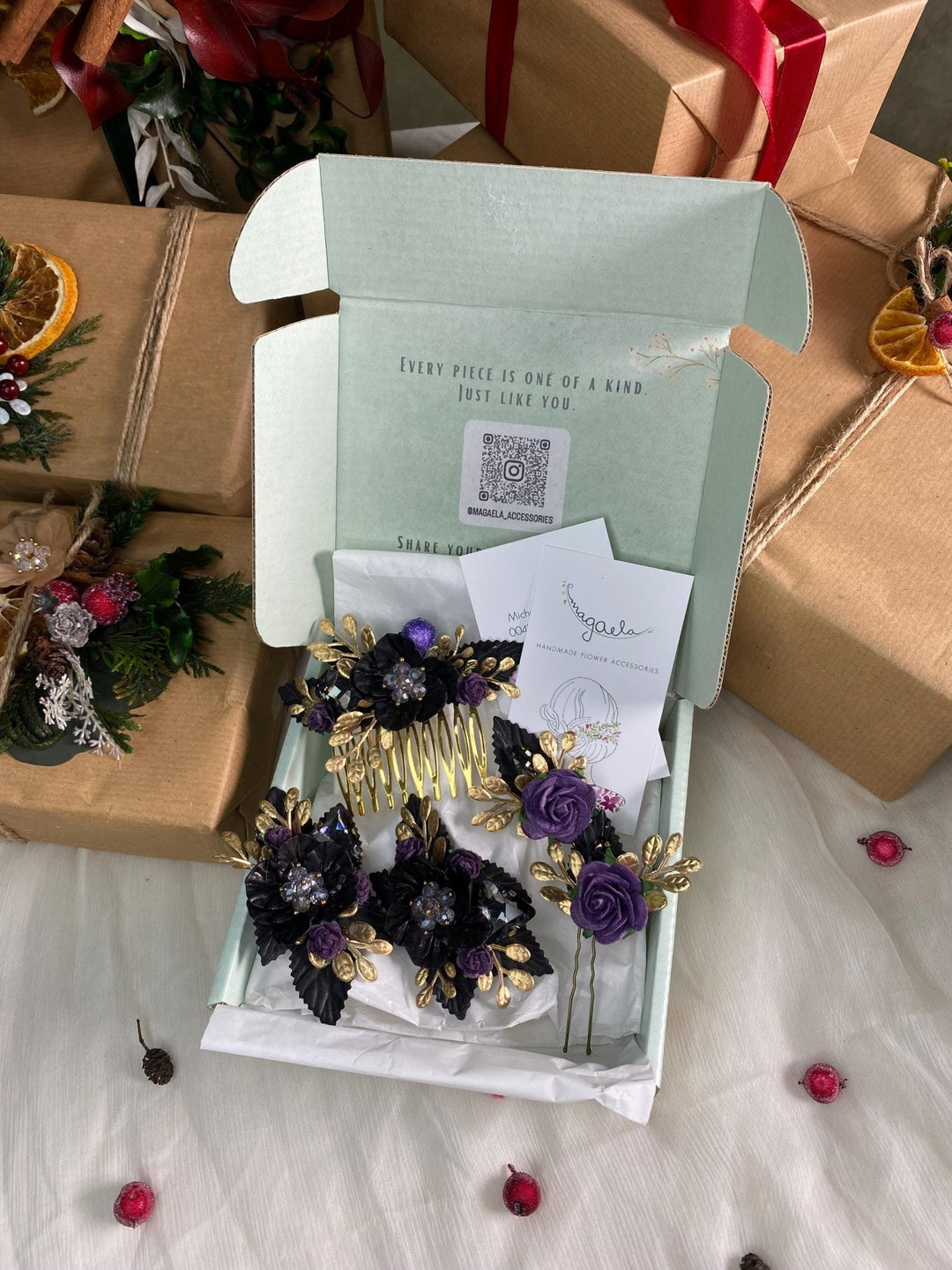 Handmade gift box "Taste of the night" - black and purple glamour hair comb, hairpins and shoes clips – handmade floral hair accessory by magaela