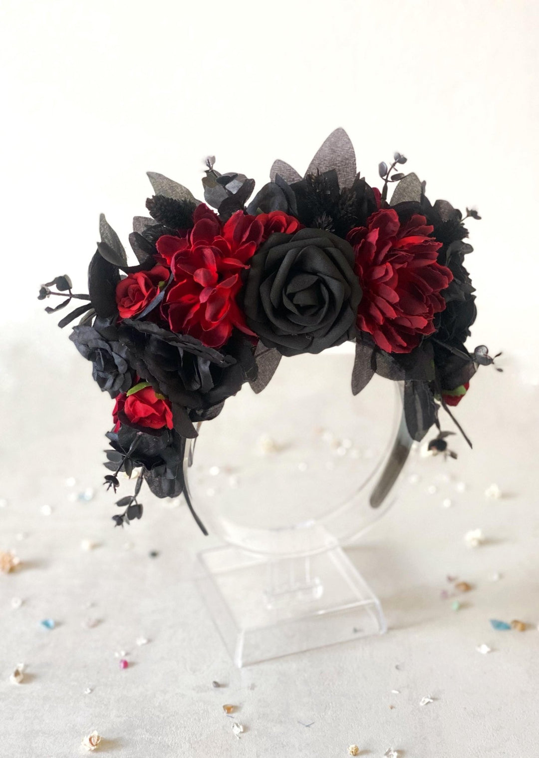Black & Red Frida Flower Headband – Halloween Floral Crown, Statement Boho Headpiece – handmade floral hair accessory by magaela