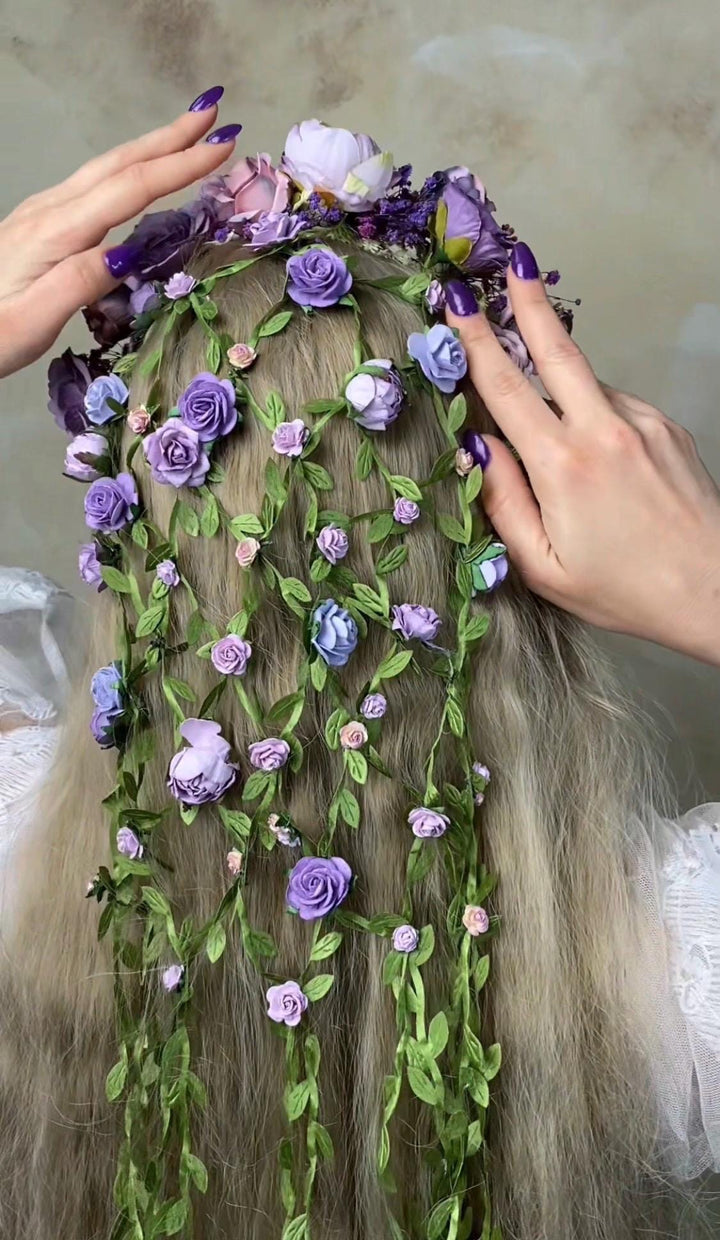 Purple Flower Headband with Veil: Boho Bridal Headpiece – handmade floral hair accessory by magaela