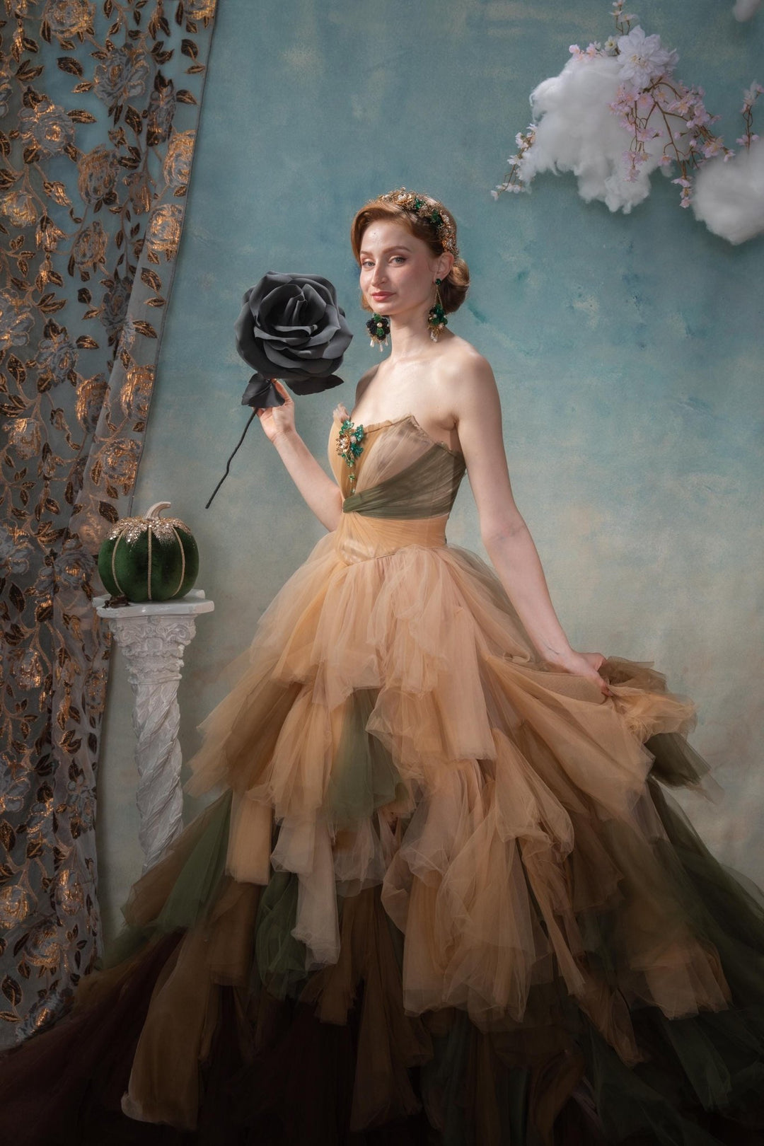 Emerald Green & Gold Flower Brooch – Glam Wedding Jewelry • Luxury Floral Pin – handmade floral hair accessory by magaela