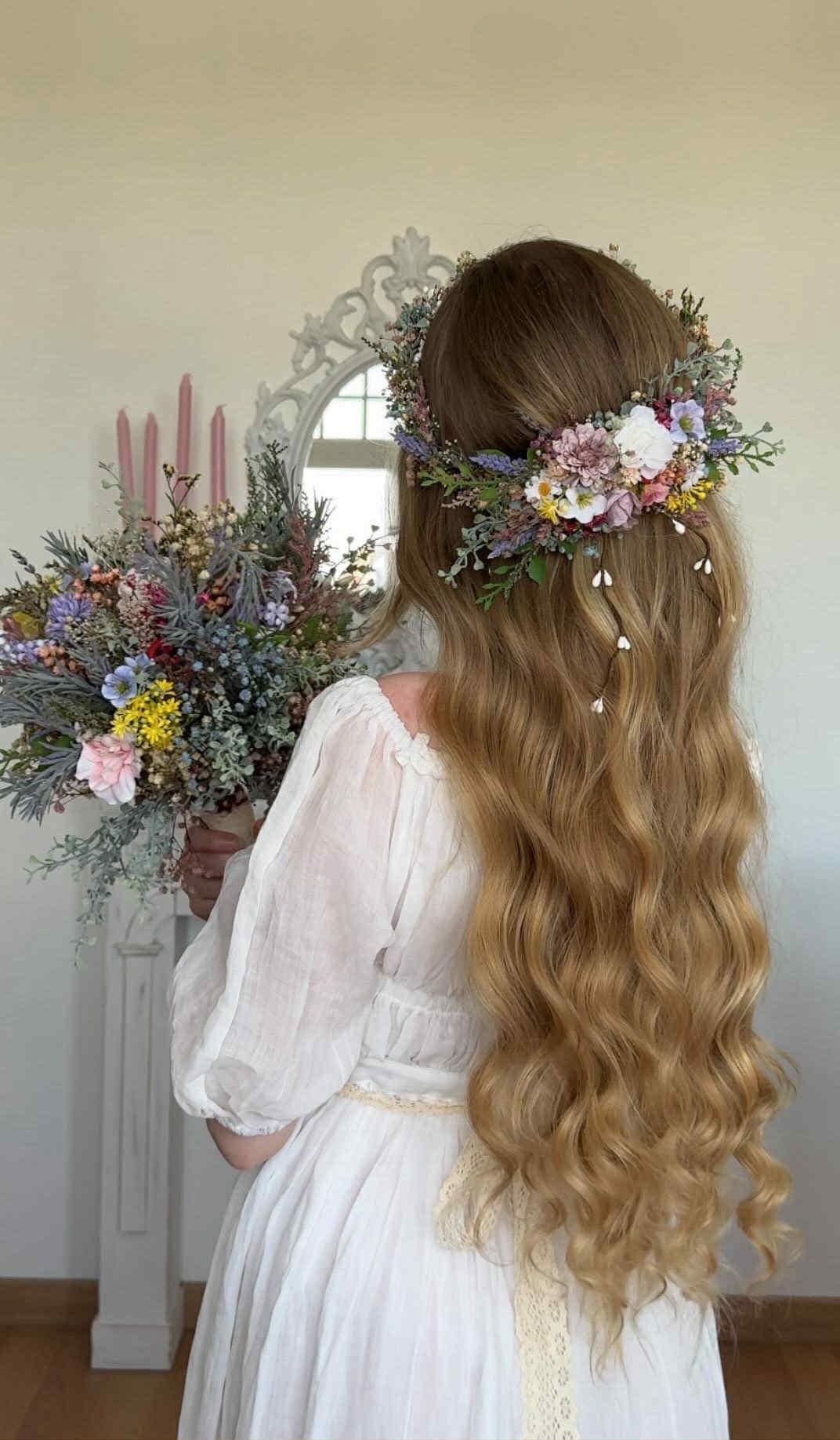 Floral Wedding Hair Wreath & Comb Set – Pastel Flower Crown, Fairy Bridal Hairpiece – handmade floral hair accessory by magaela