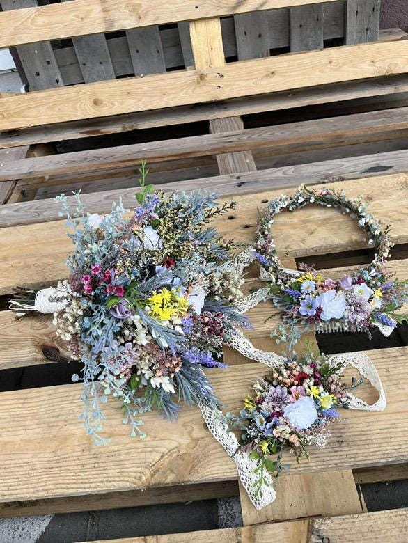 Floral Wedding Hair Wreath & Comb Set – Pastel Flower Crown, Fairy Bridal Hairpiece – handmade floral hair accessory by magaela