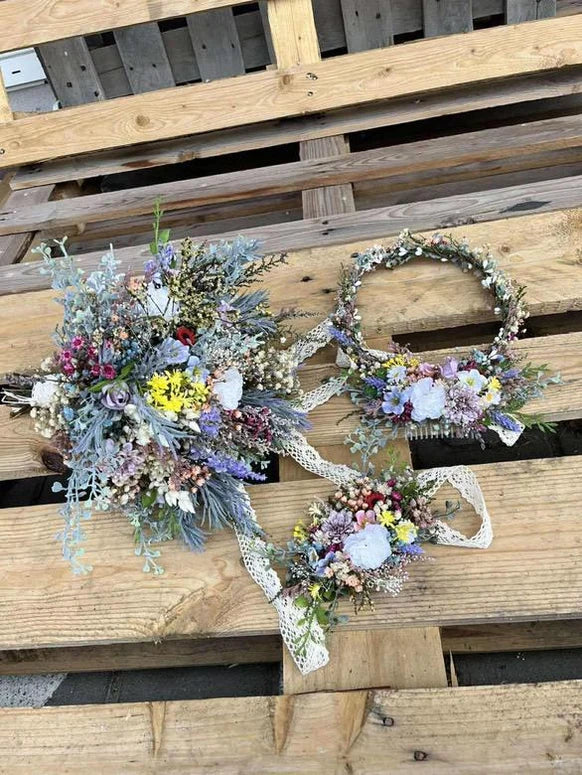 Wildflower Wedding Hair Wreath & Waterfall Comb Set – Boho Bridal Headpiece with Hanging Clips | Jeanne Collection