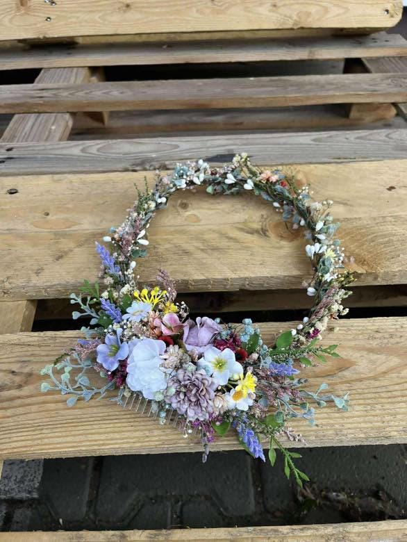 Floral Wedding Hair Wreath & Comb Set – Pastel Flower Crown, Fairy Bridal Hairpiece – handmade floral hair accessory by magaela