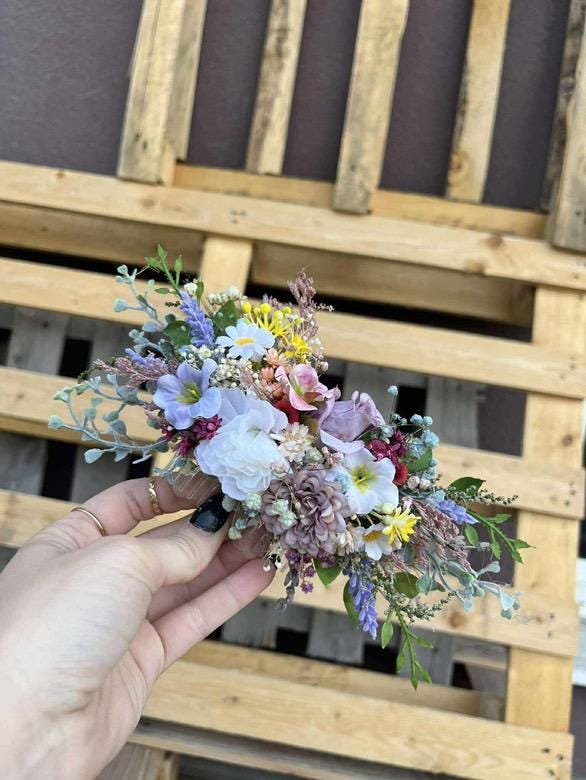 Floral Wedding Hair Wreath & Comb Set – Pastel Flower Crown, Fairy Bridal Hairpiece – handmade floral hair accessory by magaela