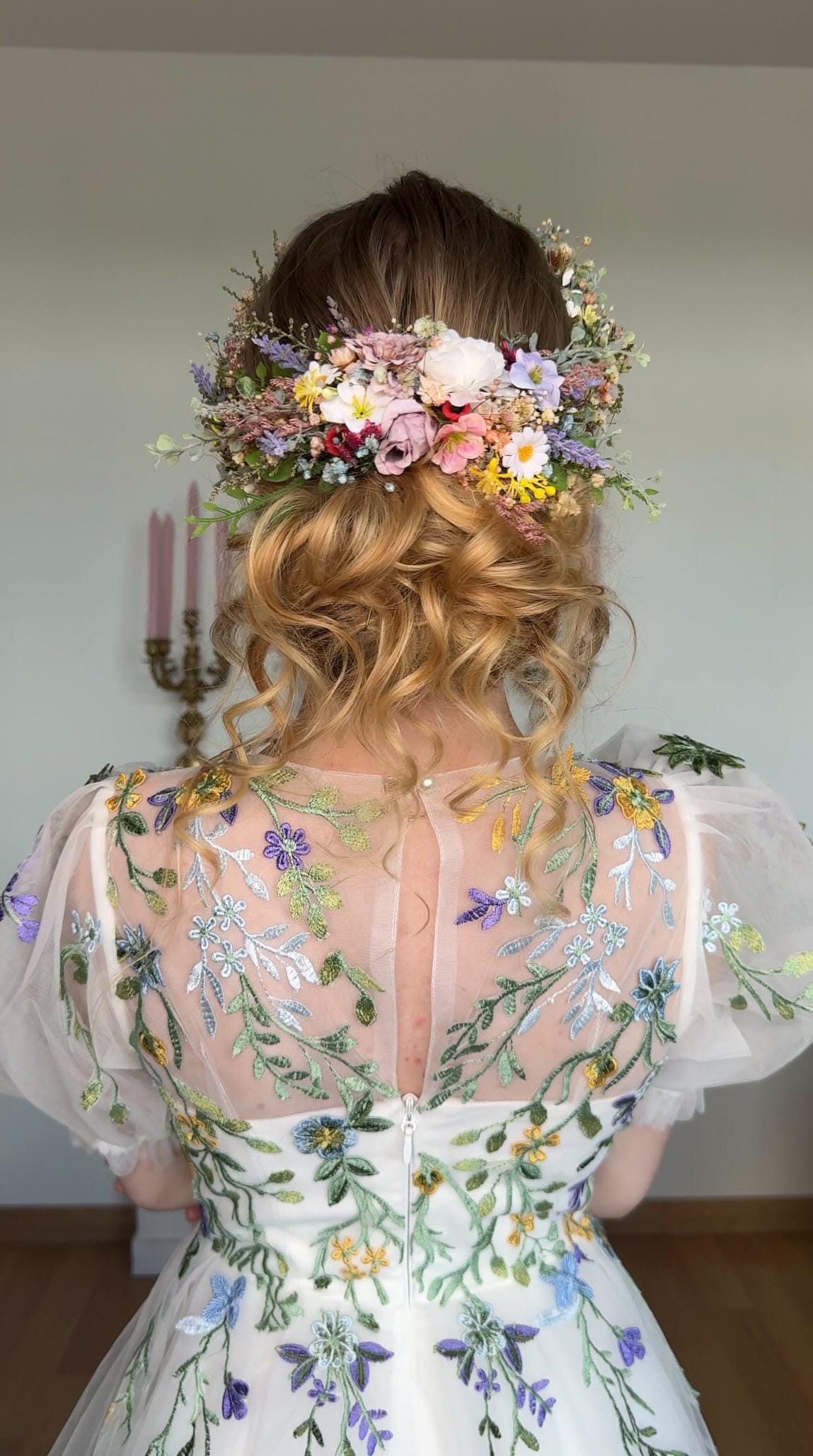 Floral Wedding Hair Wreath & Comb Set – Pastel Flower Crown, Fairy