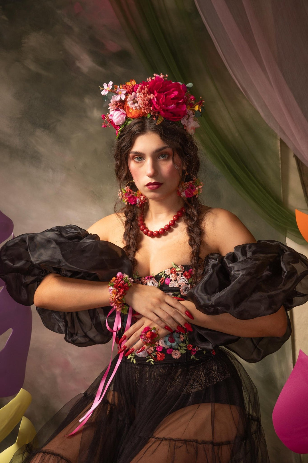 Magenta Frida Flower Headband – Mexican Flower Crown, Boho Wedding Hairpiece, Colorful Floral Headband – handmade floral hair accessory by magaela