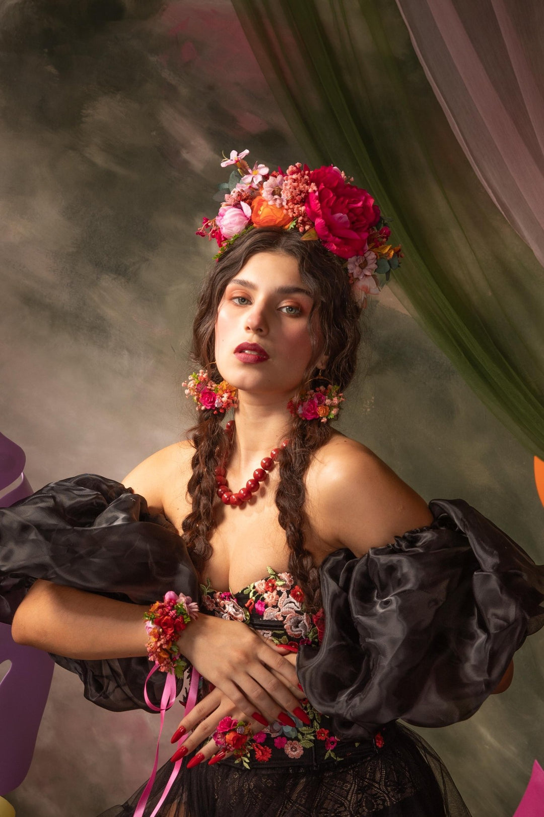 Magenta Frida Flower Headband – Mexican Flower Crown, Boho Wedding Hairpiece, Colorful Floral Headband – handmade floral hair accessory by magaela