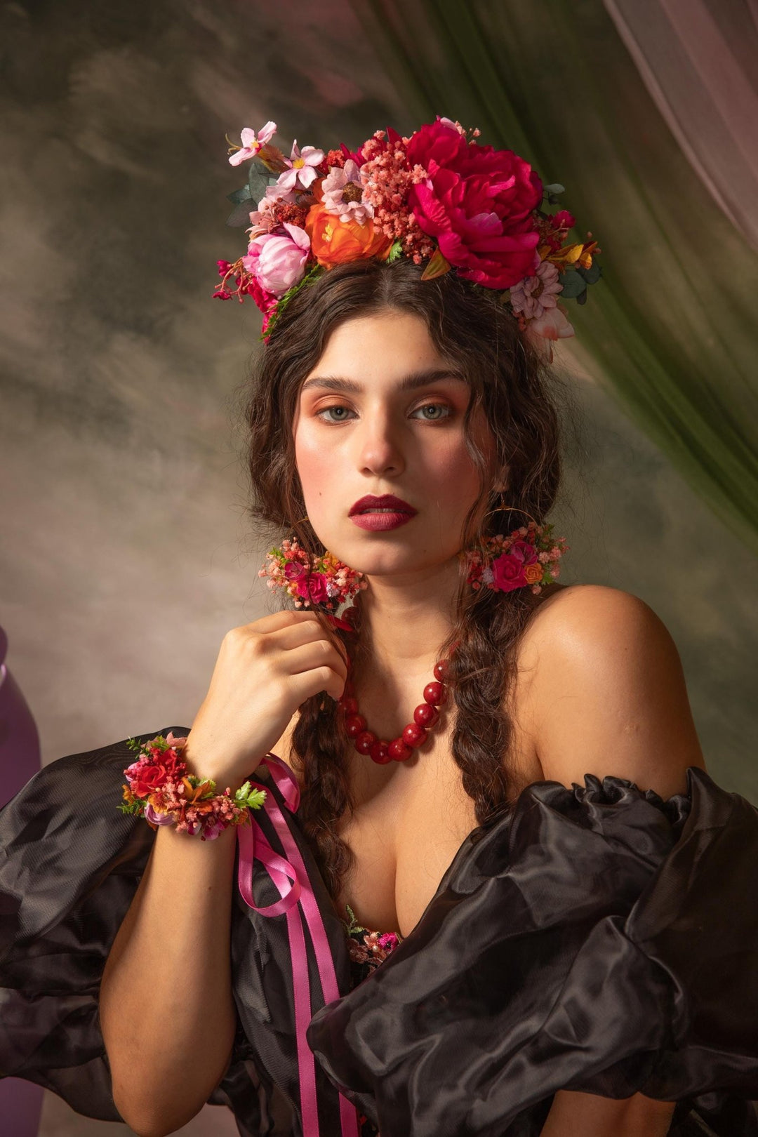 Magenta Frida Flower Headband – Mexican Flower Crown, Boho Wedding Hairpiece, Colorful Floral Headband – handmade floral hair accessory by magaela