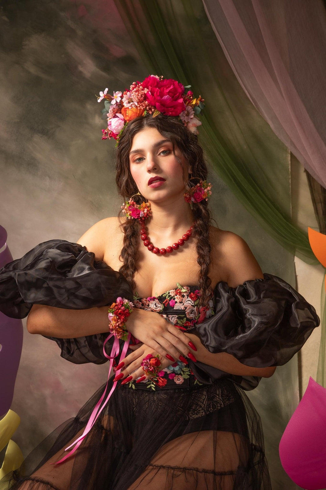 Magenta Frida Flower Headband – Mexican Flower Crown, Boho Wedding Hairpiece, Colorful Floral Headband – handmade floral hair accessory by magaela