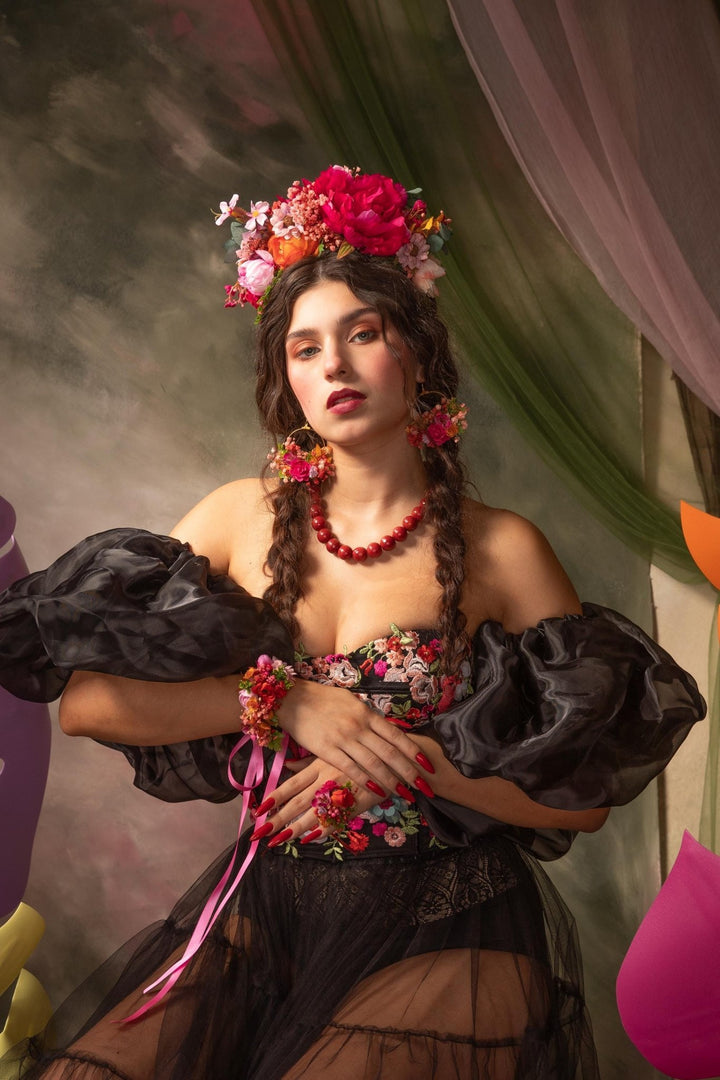 Magenta Frida Flower Headband – Mexican Flower Crown, Boho Wedding Hairpiece, Colorful Floral Headband – handmade floral hair accessory by magaela