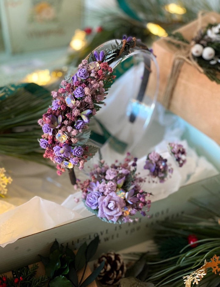 Handmade gift box "Flashes of dimming" - purple headband, brooch and earrings – handmade floral hair accessory by magaela