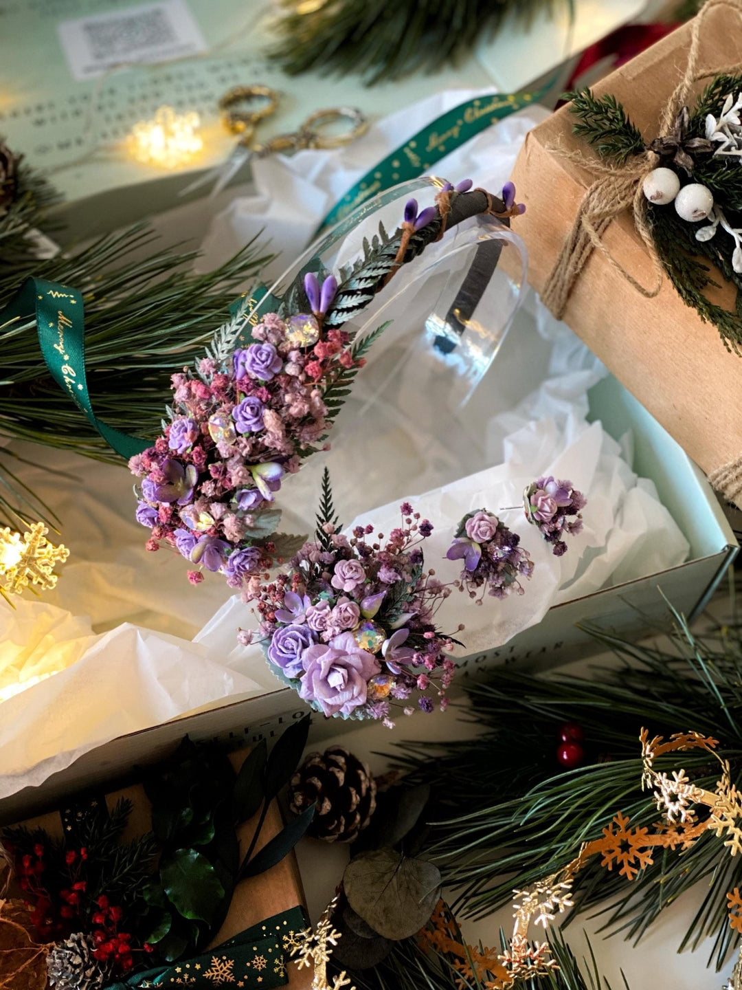 Handmade gift box "Flashes of dimming" - purple headband, brooch and earrings – handmade floral hair accessory by magaela