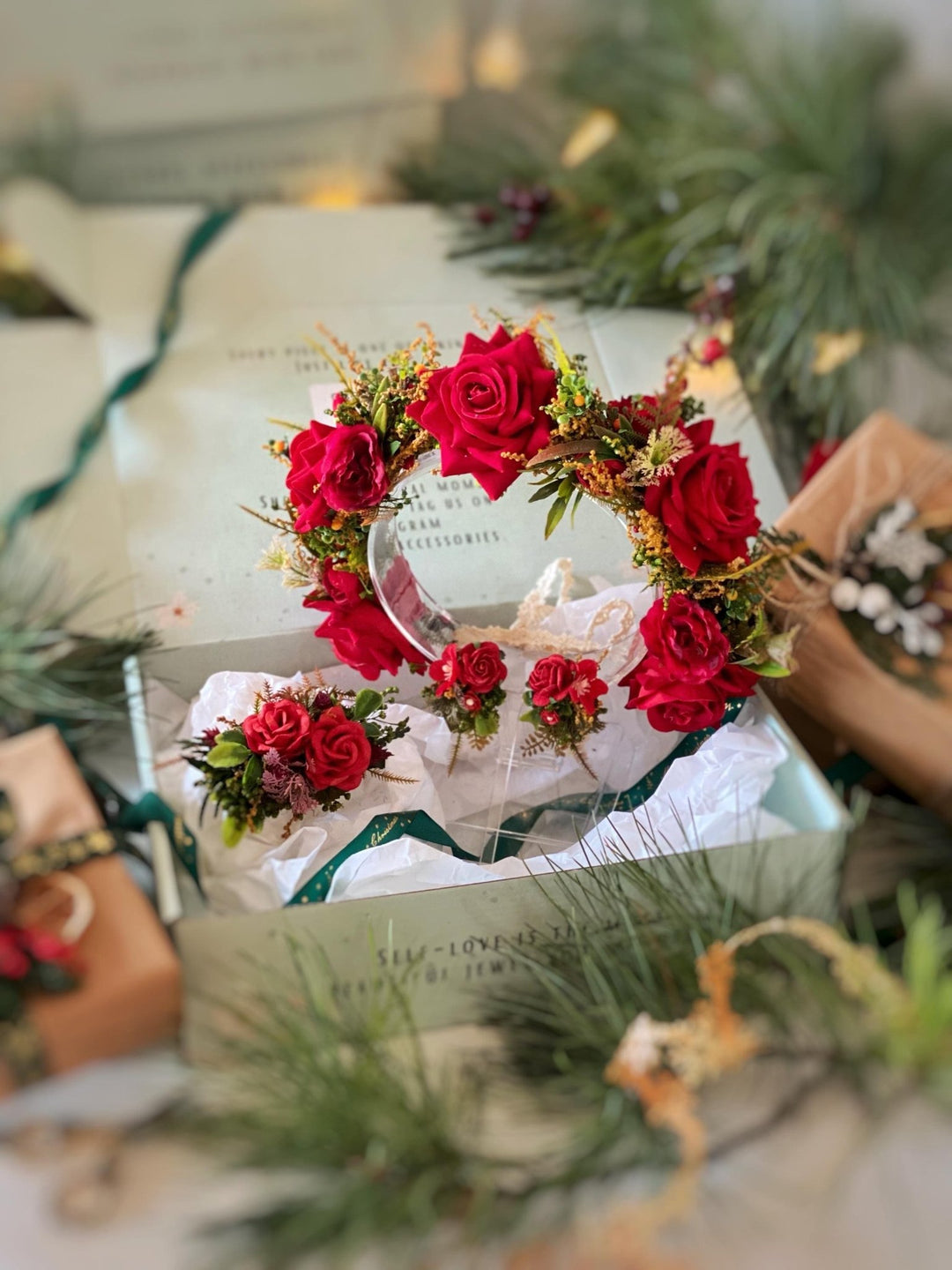 Red flower hair wreath, clip & earrings “A Legend of Passion” | Christmas gift for her | Winter wedding accessory – handmade floral hair accessory by magaela
