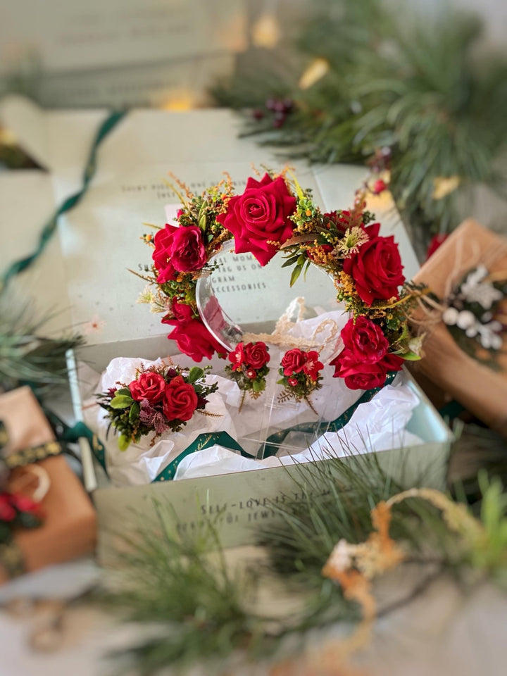 Red flower hair wreath, clip & earrings “A Legend of Passion” | Christmas gift for her | Winter wedding accessory – handmade floral hair accessory by magaela