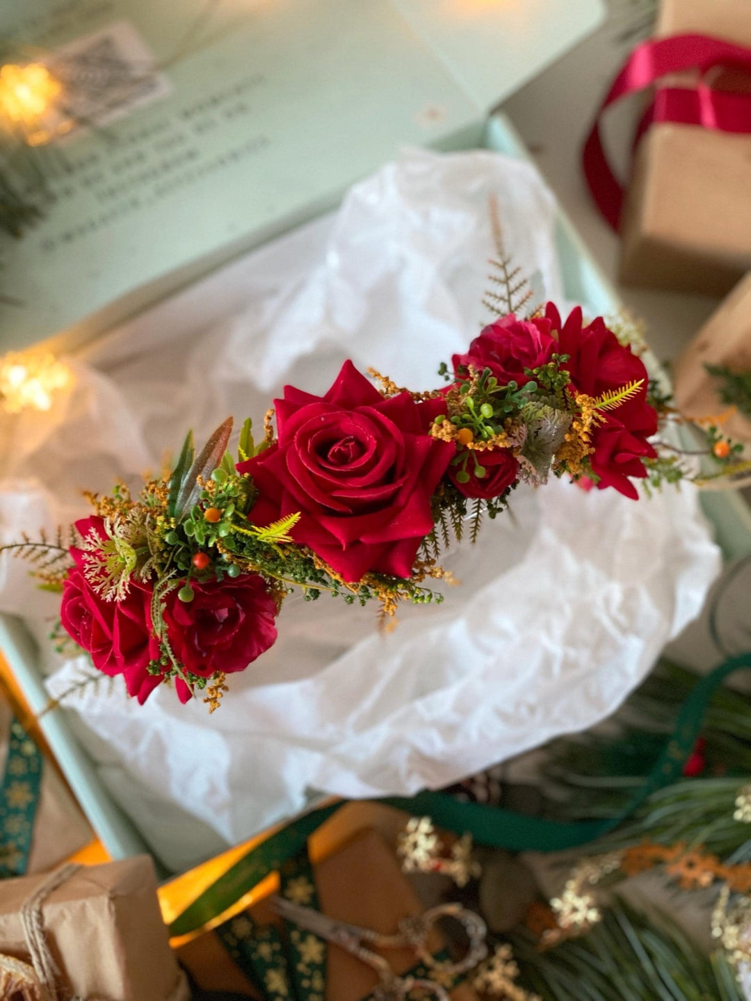 Red flower hair wreath, clip & earrings “A Legend of Passion” | Christmas gift for her | Winter wedding accessory – handmade floral hair accessory by magaela