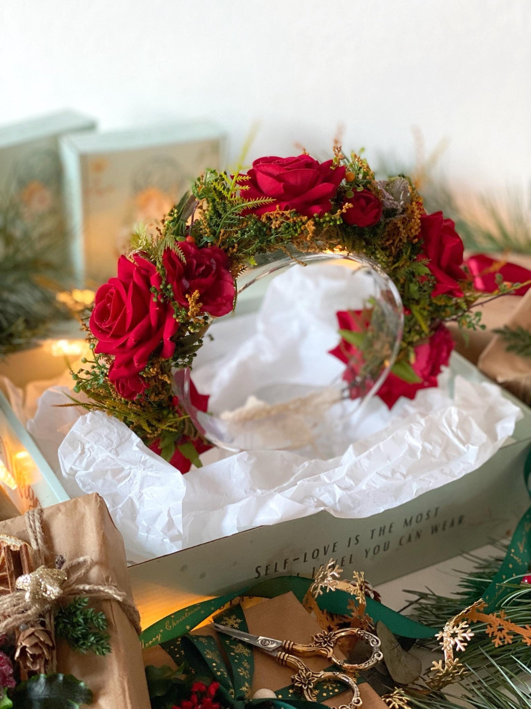 Red flower hair wreath, clip & earrings “A Legend of Passion” | Christmas gift for her | Winter wedding accessory – handmade floral hair accessory by magaela