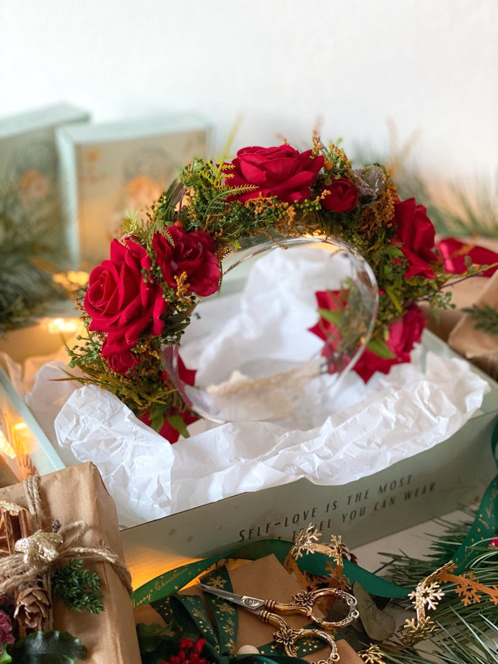 Red flower hair wreath, clip & earrings “A Legend of Passion” | Christmas gift for her | Winter wedding accessory – handmade floral hair accessory by magaela