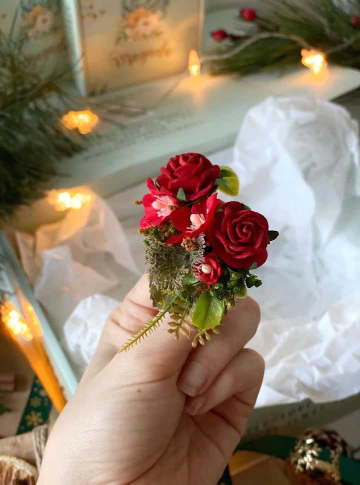 Red flower hair wreath, clip & earrings “A Legend of Passion” | Christmas gift for her | Winter wedding accessory – handmade floral hair accessory by magaela
