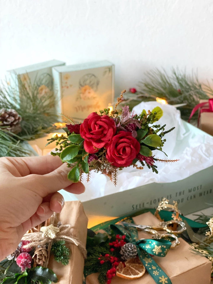Red flower hair wreath, clip & earrings “A Legend of Passion” | Christmas gift for her | Winter wedding accessory – handmade floral hair accessory by magaela