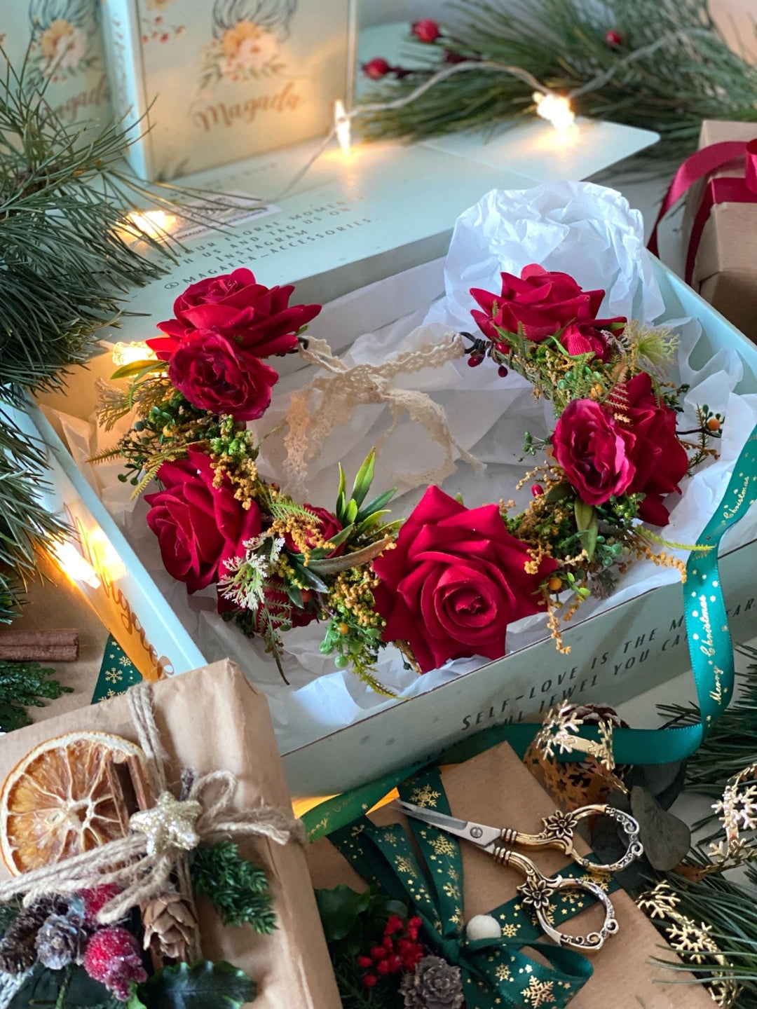 Red flower hair wreath, clip & earrings “A Legend of Passion” | Christmas gift for her | Winter wedding accessory – handmade floral hair accessory by magaela