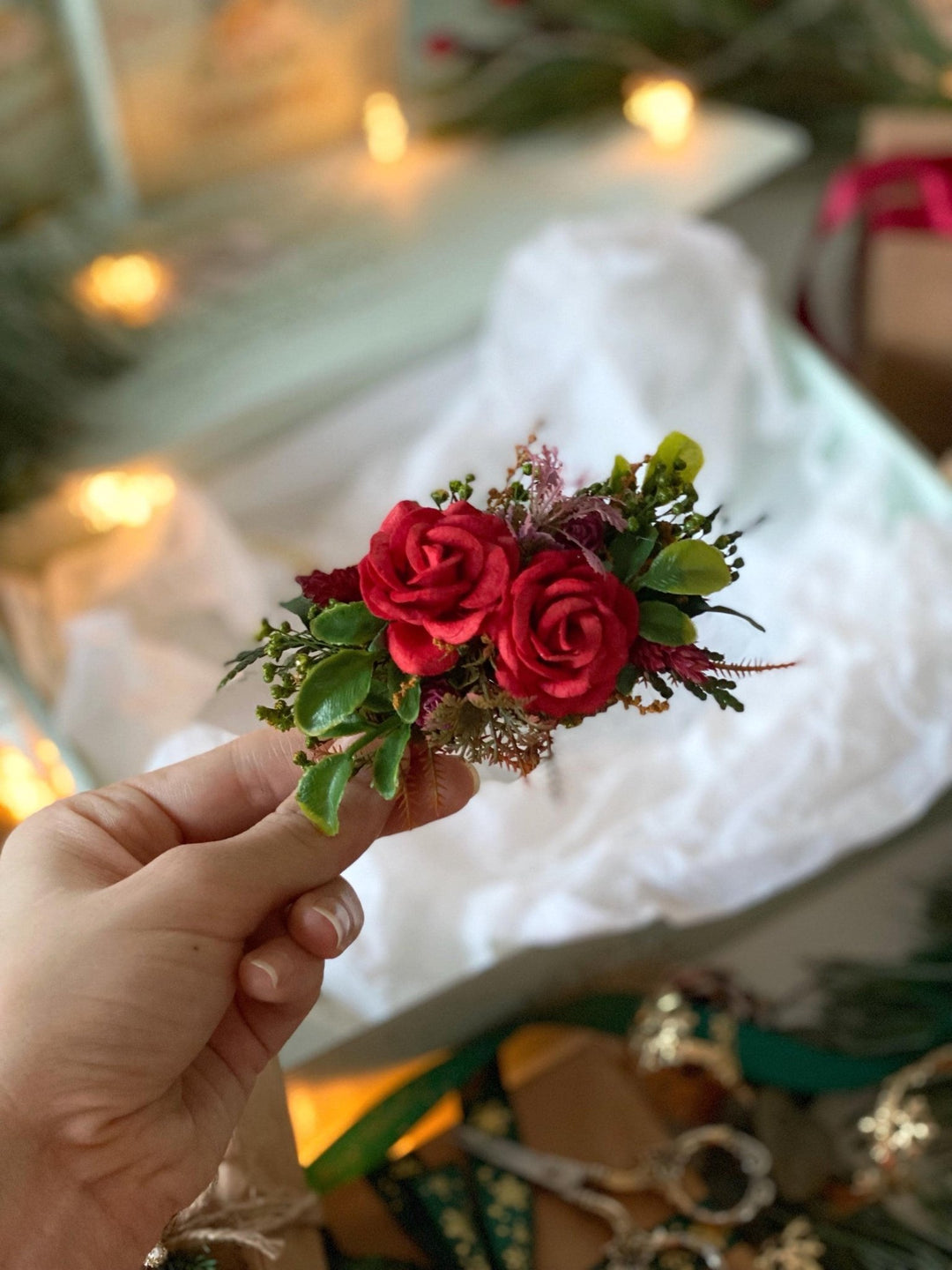 Red flower hair wreath, clip & earrings “A Legend of Passion” | Christmas gift for her | Winter wedding accessory – handmade floral hair accessory by magaela